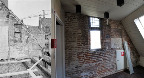 <p>De binnenzijde van de noordelijke topgevel van de aanbouw van het achterhuis in 1973 voor de restauratie (links) en in de huidige situatie (beeldbank RCE). </p>
